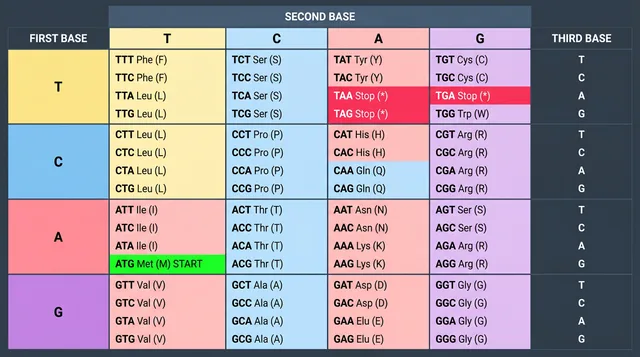 Flat DNA codon table chart with T bases