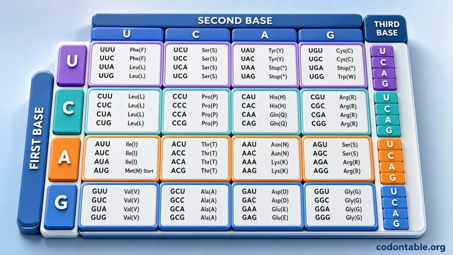 3D RNA codon table chart with U bases